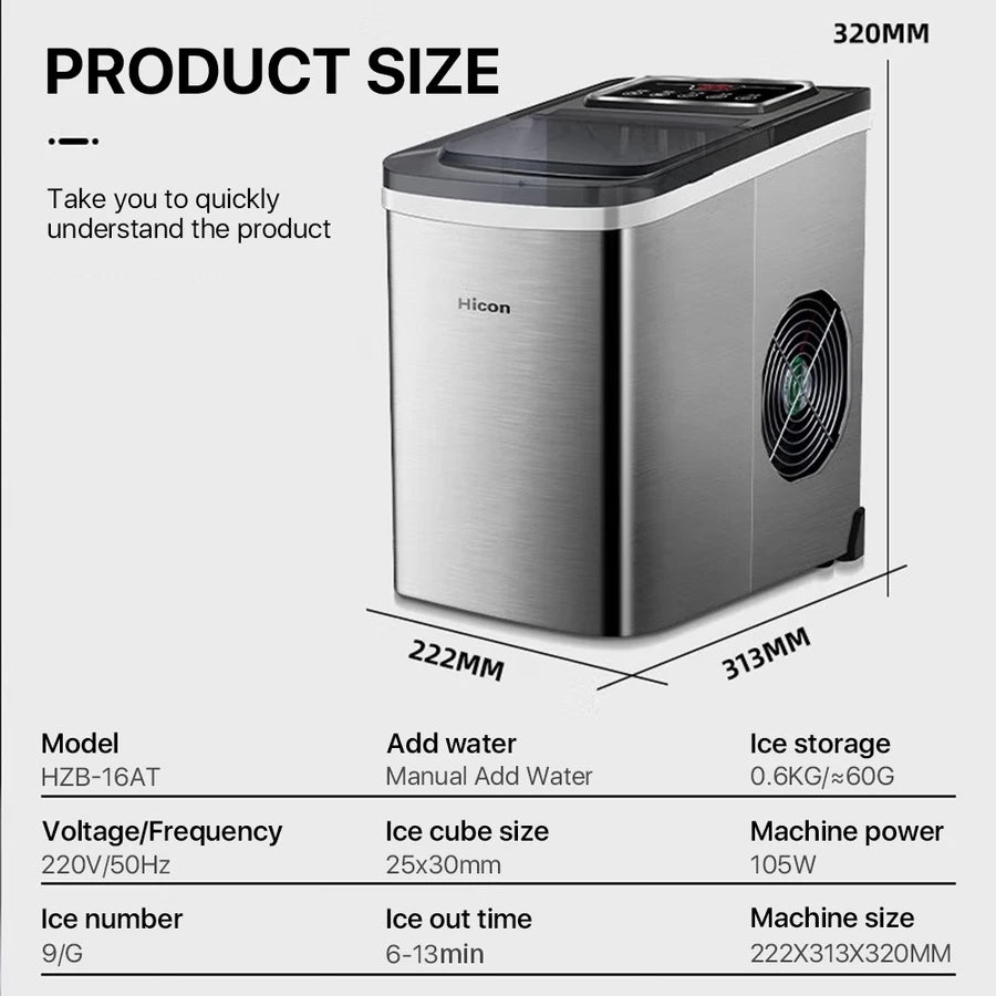 Hicon Portable Ice Maker Machine Automatic Household Smart Touch Screen Ice Cube Maker 15KG/24H
